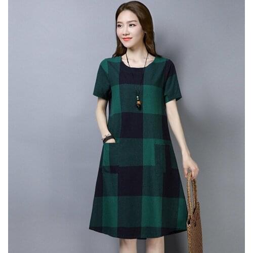 Women clothing Plaid cotton women dresses women summer dresses short sleeve clothing o-neck dresses M-3xl Size