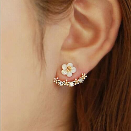 Cute Flower Earings Shiny Rhinestone Ear Jacket Stud Earrings Women Girl Jewelry Gold Sliver pendientes серьги женские