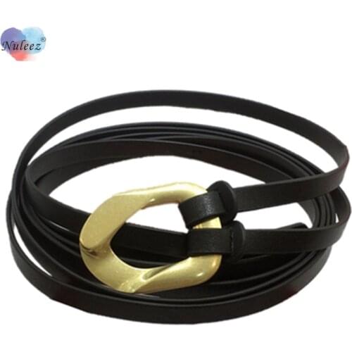 Nuleez leather belt women copper buckle knotted slim belt cowhide adjustable fashion dress and jeans decoration