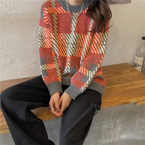 Oversized Sweaters Knitted 2021 Fall Winter Long Sleeve O-Neck Woman Sweater Casual Plaid Thick Pullovers Jumpers YOU1036