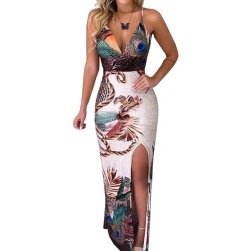 Summer dress Fashion Women Peacock Feather Print Deep-V Neck Slit Bodycon Long Spaghetti Dress robe femme Womens Clothing 2021
