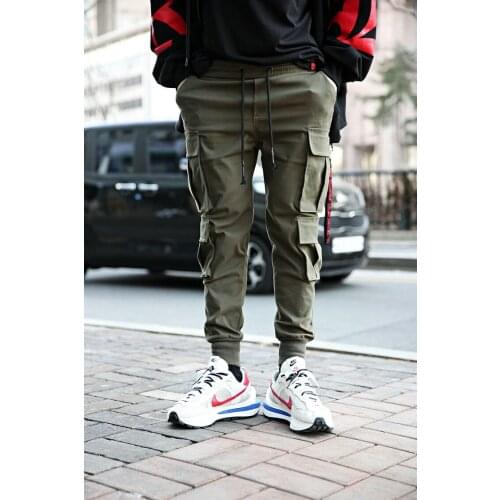 Big fashion brand mens new solid color lace up Multi Pocket corset trend overalls youth fashion casual pants