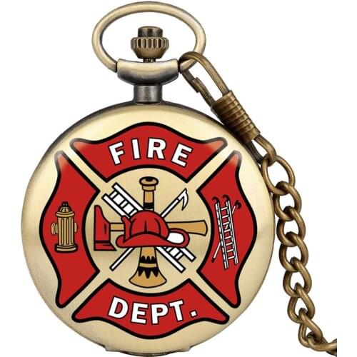 Unique Bronze Fire Fighter Department Quartz Pocket Watch Firefighter Pendant Casual Mens Watches Chain Clock Gifts for Man