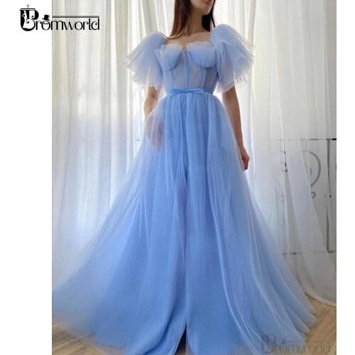 Baby Blue Evening Dresses 2021 Sweetheart Pleated Tulle A-Line Long Formal Prom Party Gowns Puff Sleeves Vestidos De Fiesta
