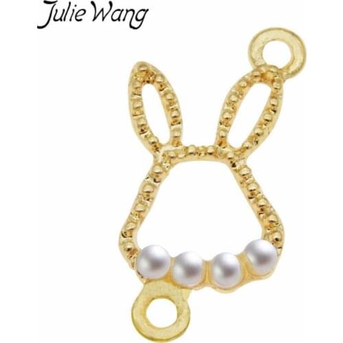 Julie Wang 10PCS Hollow Gold Rabbit Head Connectors Man-made Pearl DIY Charms Necklace Bracelet Jewelry Making Accessory