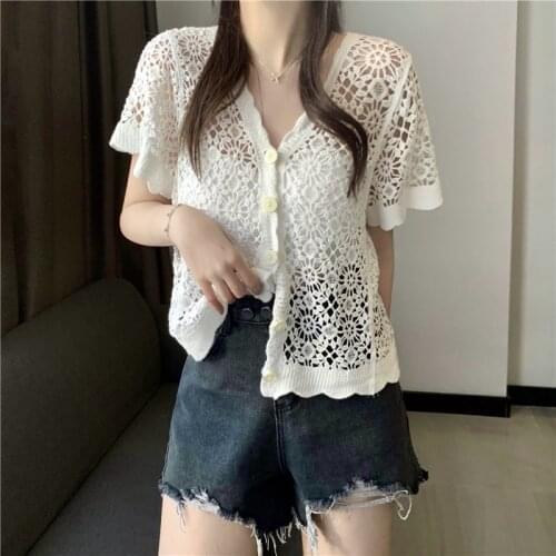 Cardigan Hollow Thin Short-sleeved Sweater Womens Summer New Korean Version Loose and Thin All-match Blouse
