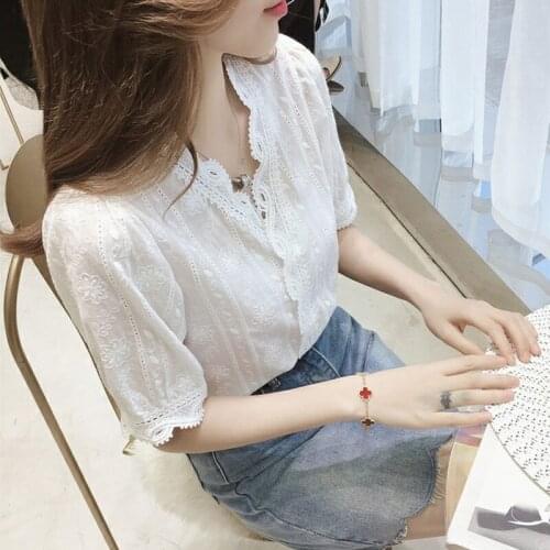 Summer Short Sleeve Lace Shirt New White Tops Fashion V Neck Lace Hollow Womens Blouse Plus Size Sweet Embroidery Slim 13487
