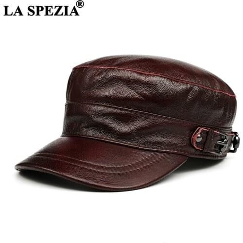 LA SPEZIA Men Winter Hat Genuine Leather Purplish Red Military Hat Cowskin Mens Sailor Hat Brand Acessories XL