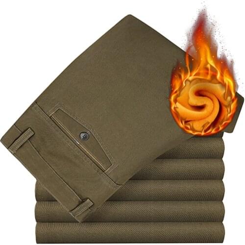 Mens Winter Fleece Warm Casual Pants Classic Style Thick Cotton Straight-leg Trousers Male Brand