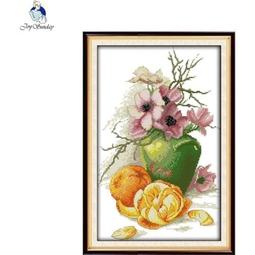 Joy Sunday Hibiscus vase and oranges DMC Cross Stitch DIY 11CT 14CT Cross-Stitch Kit Handmade Embroidery for Needlework