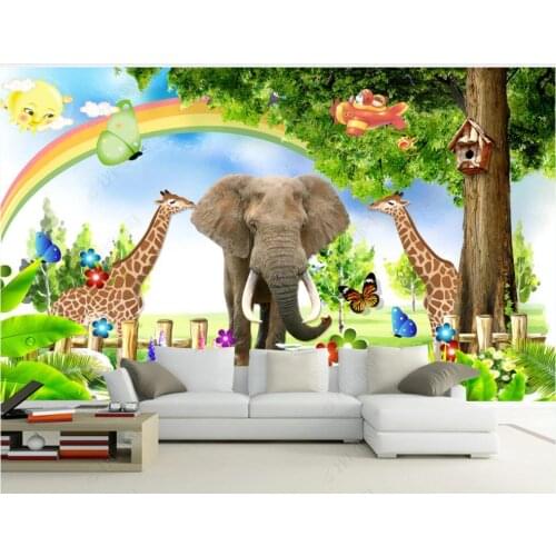 Custom photo mural 3d wallpaper Cartoon grass big tree elephant giraffe childrens room home decor wallpaper for walls 3 d