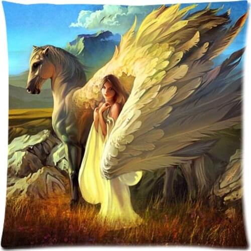Surrealism Painting&White Horse And Angle Two Side Printed Throw Pillow Case&Cotton Linen Cushion Cover 17.7"X17.7"(45 X 45CM)