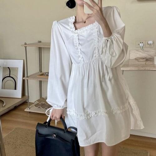 Japanese New Preppy Style Soft Girly Princess Dress Vintage White Dress For Female Kawaii Square Collar Sweet Ruffle Full Sleeve
