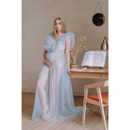 Extra Puffy Ruffled Pleated Tulle Maternity Women Dresses Sexy Sheer Long Tulle Robes Baby Shower Wear Photo Shoot Plus Size