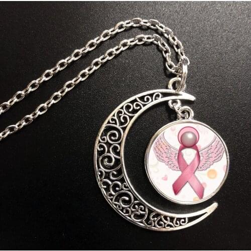 Pink Ribbon Breast cancer awareness Necklace Printed Photo Pendant Glass Cabochon Crescent Moon Necklaces 20mm Round Jewelry