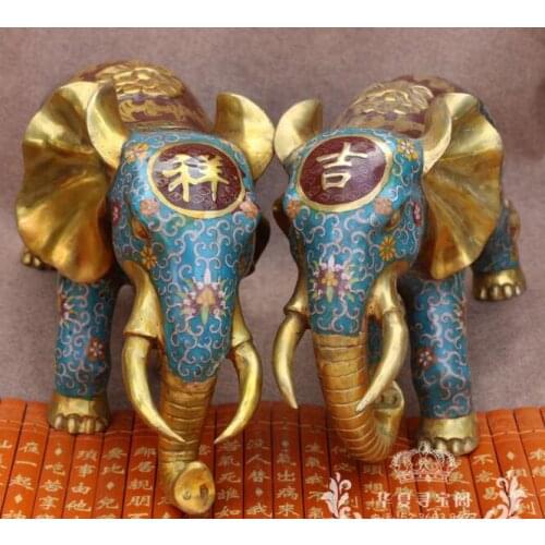 15.6" Red copper gold cloisonne Enamel flower design animal Elephant statue Pair