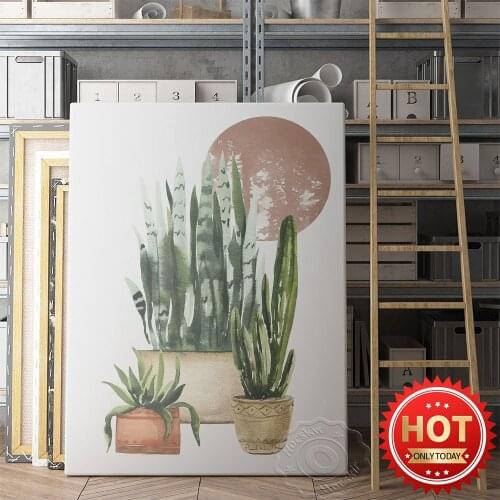 Plant Watercolor Illustration Poster, Aloe Vera Green Potting Sun Print, Nordic Wall Art, Leaf Wall Picture, Bedroom Wall Decor