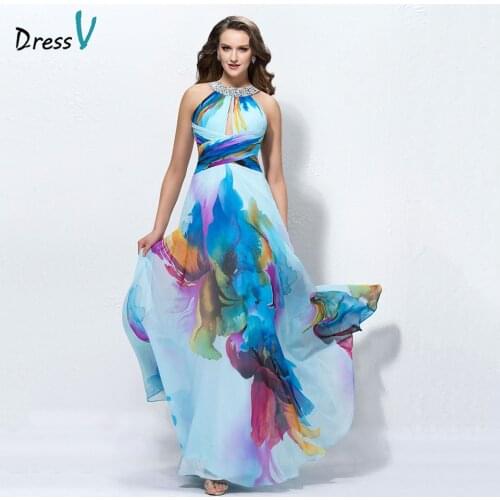 Dressv printing long prom dress halter neck beading a line simple backless floor length evening party gown prom dresses