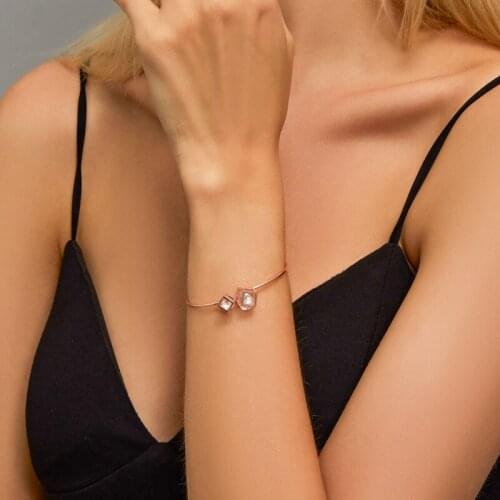 Golden Rose Gold Silver Plated Simple Metal Zircon Starry Bling Geometry Square Opening C-shape Glossy Copper Bangles for Women