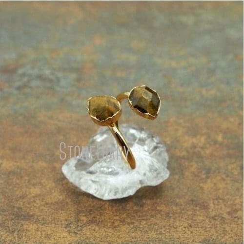 RM5574 10Pcs Tiger Eye Ring Double Gold Color Faceted Water Drop Ring Outlet Adjustable