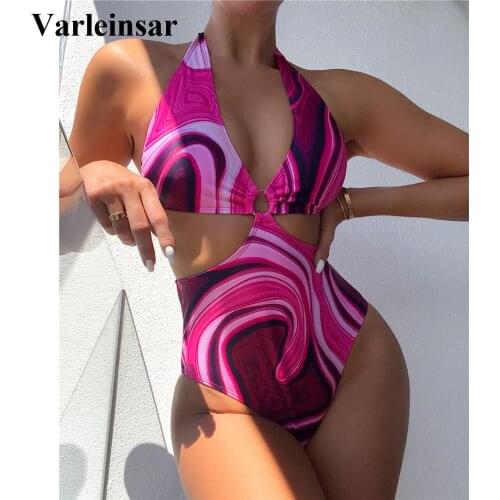 Sexy Colorful Printed Halter Women Swimwear One Piece Swimsuit Female High Cut Bather Bathing Suit Swim Backless Monokini V3157