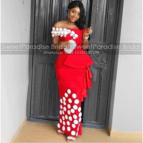 Chic White 3D-Floral Appliques Red Evening Dresses 2021 Boat Neck Women Sheath Long Prom Dress Party Robe De Soiree De Mariage