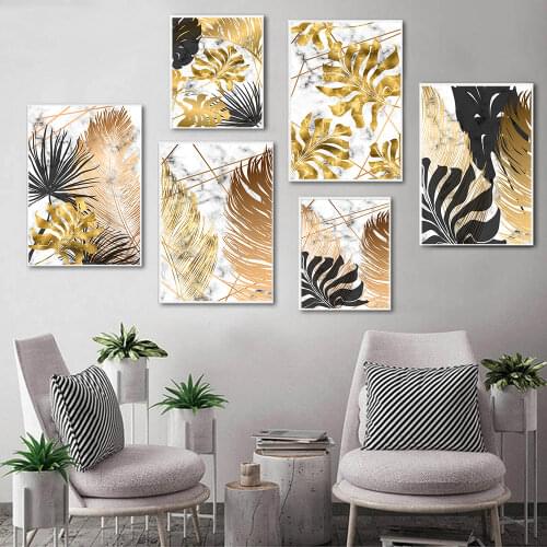Nordic Plants Golden Leaf Canvas Painting Botanical Posters and Print Abstract Wall Art Pictures Living Room Modern Home Decor