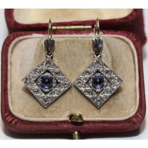 Old Original Art Deco 14K Gold Natural Rose cut Diamond And Tanzanite Decorated Pretty Earring
