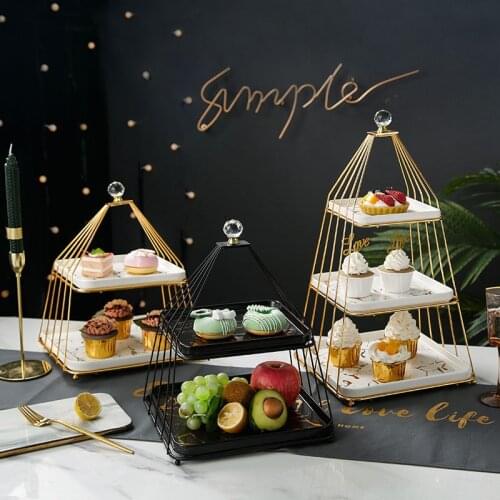 European style light luxury three-layer ceramic cake stand wedding display stand afternoon tea dessert table marble texture tray
