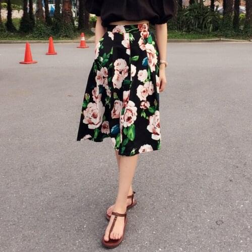 Customize Women Summer Fashion Casual Plus Size 3XS-10XL High Waist Retro Vintage Floral Print A Line Umbrella Below Knee Skirt