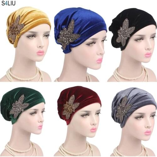 Women Muslim India Cap Ladies Velvet Hat Beanie Skullies Turban Chemo Cap With Beads Flower Headwear Cancer Hat Inner Elegant