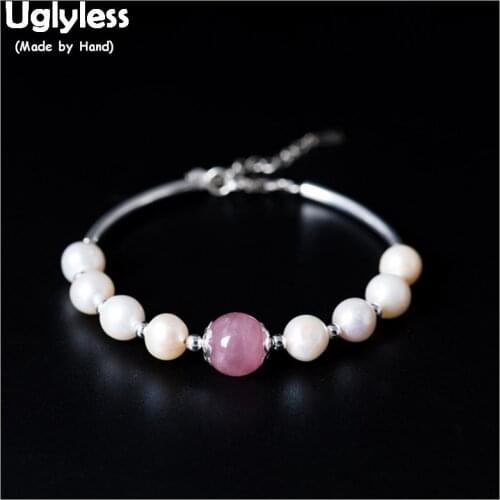Uglyless 100% Real 925 Sterling Silver Beads Bangles for Women Handamde Beading Natural Pearls Bracelet Strawberry Quartz Balls