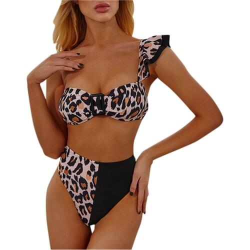 Womens Padded Push-Up Bra Bikini Set Sexy Leopard Print Split Bikini Swimsuit One Shoulder Stitching Bikini Beachwear Z0402