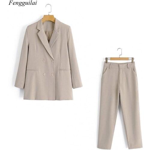 New Style Jacket Pants Double Breasted Two Pieces Set Women Suit Khaki Coat Female Offices
