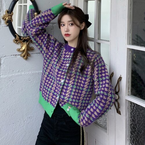 Autumn Winter Long-sleeved Color Contrast Knitted Cardigan Women Houndstooth Loose Sweater Pull Femme Top Clothes Korean Fashion