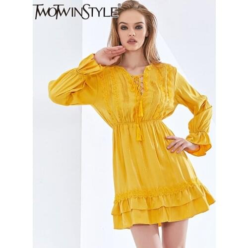 TWOTWINSTYLE Minimalist Lace Dress Women V Neck Flare Sleeve High Waist Oversized Dresses Female 2021 New Summer Womens Clothing