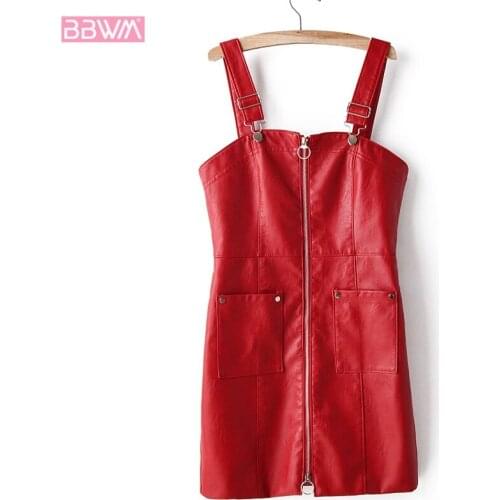 Harajuku PU Red Double Pocket Sleeveless Zip Strap Womens Dresses 2019 Autumn New Sleek Minimalist Slim Simple Female Dress