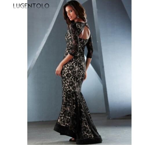 Party Dress Women Sexy Backless Half Sleeve Dresses Ladies Slim Lace Black O-neck Dinner Elegant Maxi Dress Lugentolo