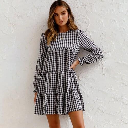 Autumn Vintage Plaid Printing Mini Dress For Women 2021 Loose Casual Long Sleeve Big Swing Elegant Ruffles Ladies Short Dresses