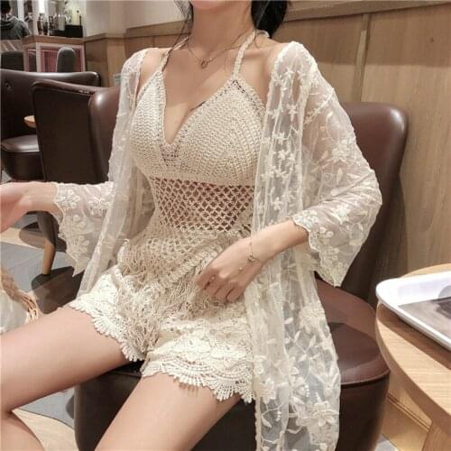 Sexy Crochet High Waist 3PCS Women Sexy Bikini Set Crop Top With Coat Swimsuit Casual Swimwear Bathing Beachwear Tankinis Set