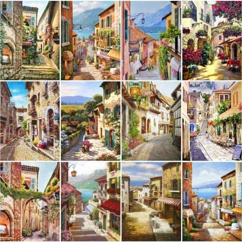 AZQSD Diamond Painting Street House Cross Stitch 5D Diamond Embroidery Landscape Mosaic Handicraft Rhinestones Home Decor Gift