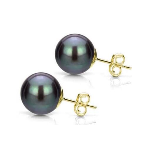 Free shipping AAA natural round 10-11mm tahitian peacock green pearl earring 14 gold