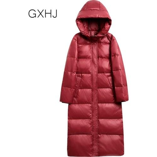 GXHJ Long Women Warm Down Jacket Coats Women With Hood Down Parka Hooded Winter Long Coat Female Down Parka Oversize