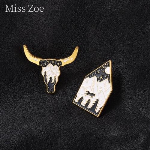 Deep Mountain Road Fawn Cattle Bull Enamel Pins Animal Brooches Geometric Badges Backpack Caps Decor Gifts for Women Men Jewelry