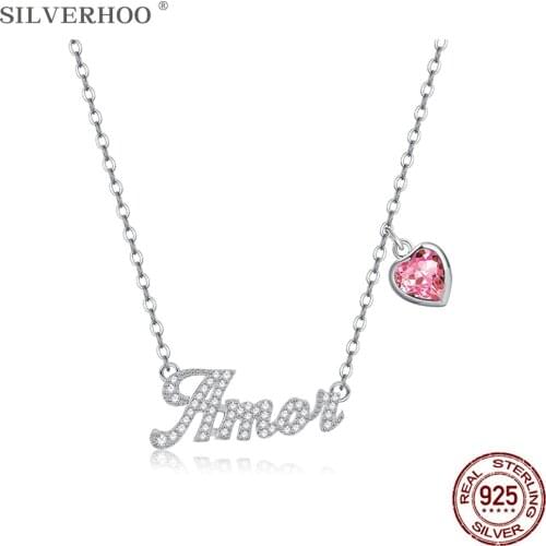 SILVERHOO Sterling Silver 925 Jewelry Heart Necklace Womens Pink Austria Crystal Letter Pendant Necklaces Hot Engagement Gift