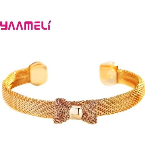 Hot Sale 925 Sterling Silver Bracelet Nice Quality Cute Fantastic Bow Shinning Golden Open Bracelets Female Fashion Bangles
