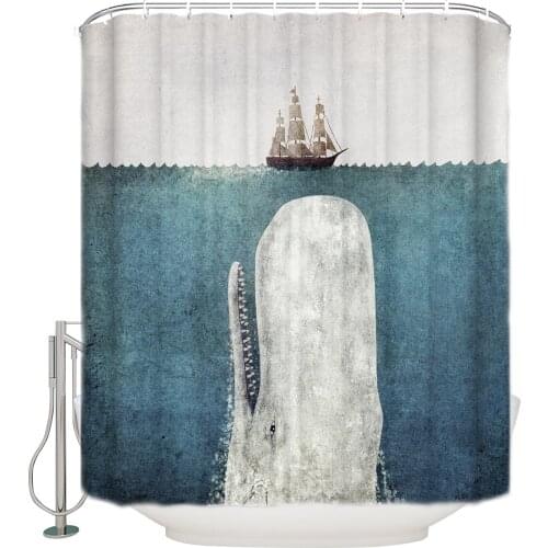 The Whale - Vintage Extra Long Fabric Bath Shower Curtains Bathroom Decor Sets with Hooks