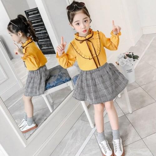 Preppy Style Teen Girls Clothing 2Pcs Sets Lantern Sleeve Ruffle Patchwork Shirts+Retro Plaid Mini Skirts Girls Outfit 4-13T