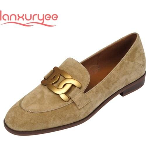 Lanxuryee England style sheep suede metal decorations round toe low heel slip on superstar daily wear dress cozy women pumps L20