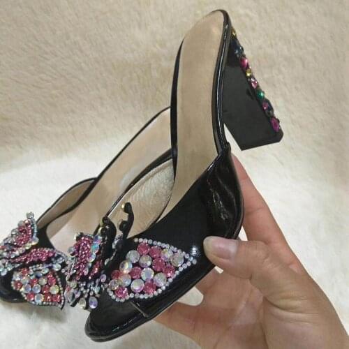 Macytino Open Toe Summer Dress Mules Block Heel Summer Outdoor Beading Butterfly Slippers